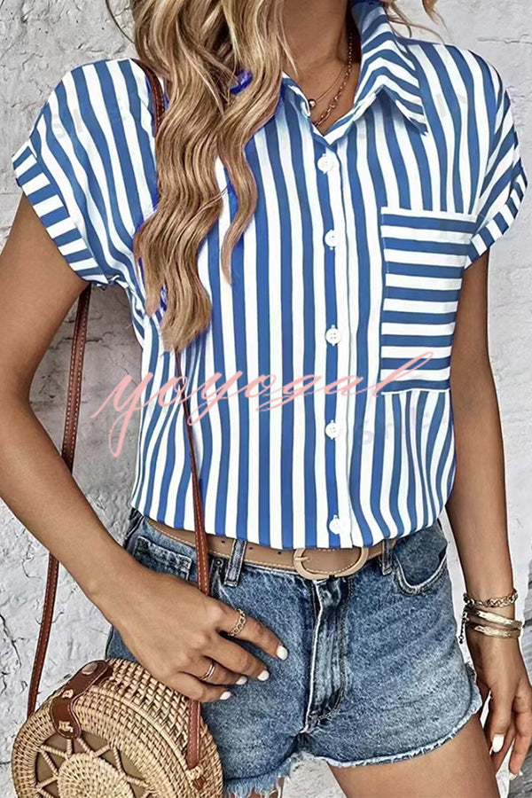 Striped Print Short Sleeve Pocket Shirt Top