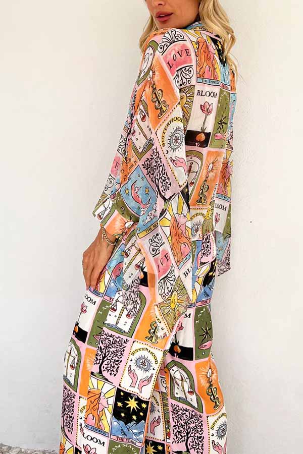 Whimsical Tarot Inspired Print Dolman Sleeve Flowy Shirt and Elastic Waist Wide Leg Pants Set