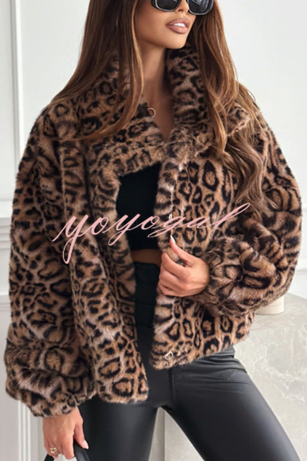 Stylish Leopard Print Lapel Long Sleeve Short Coat