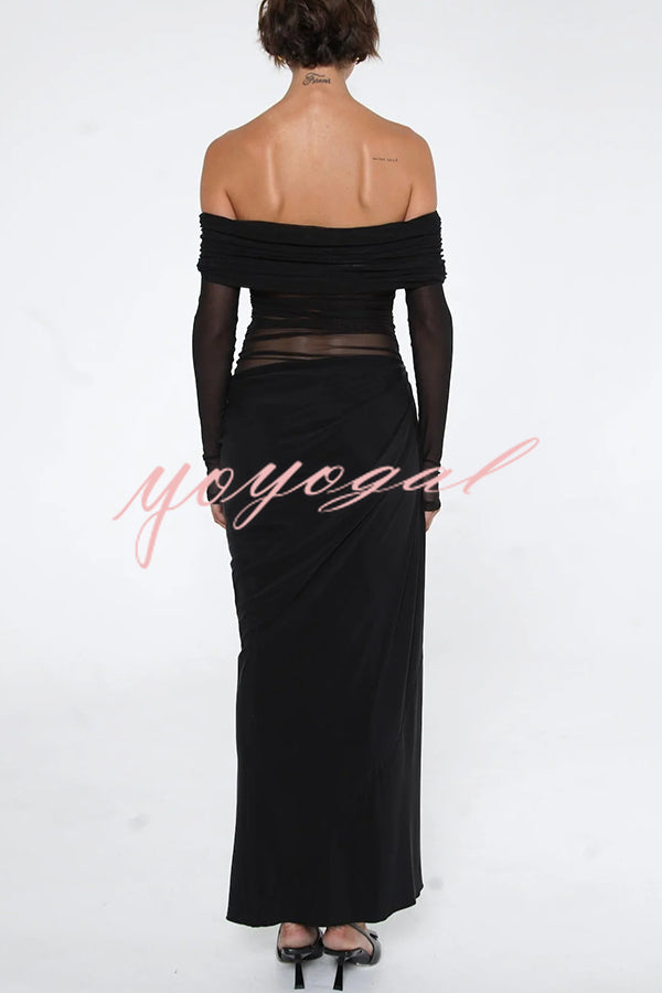 Exquisite Sexy Mesh Patchwork Off Shoulder Cutout Ruched Maxi Dress