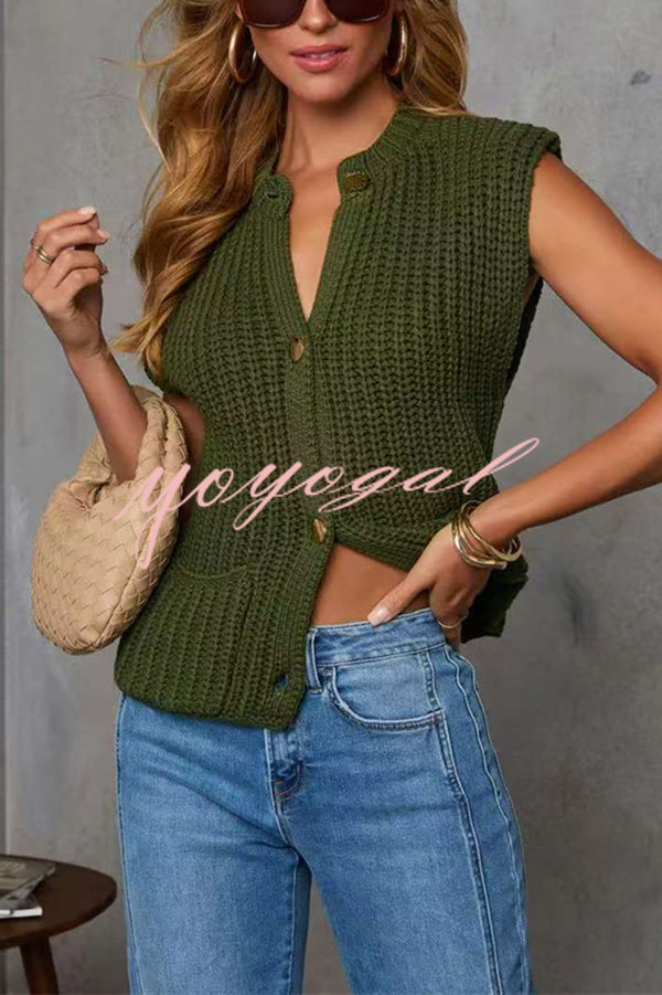 Solid Color Sleeveless Button Pocket Knit Vest