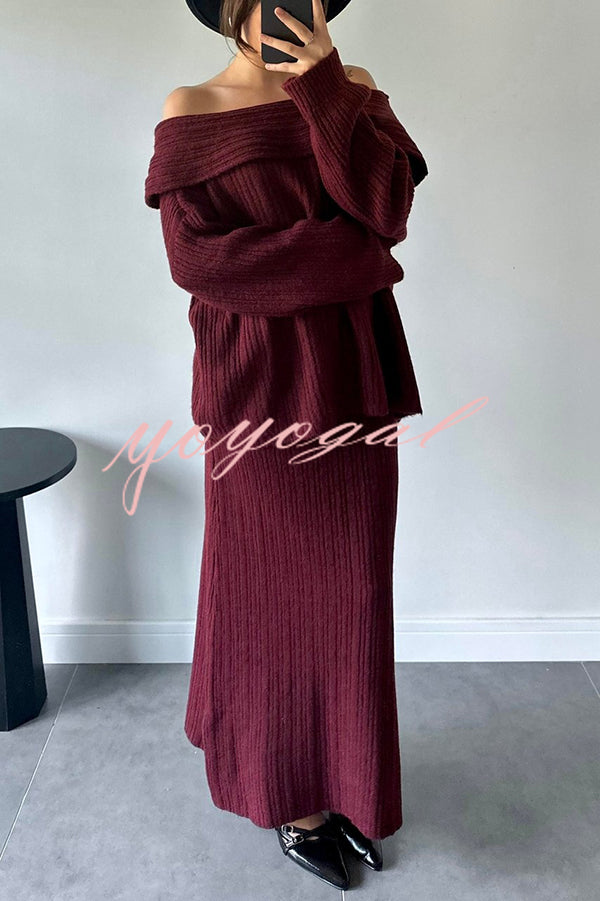 Luka Ribbed Knit Off Shoulder Long Sleeve Sweater and Stretch Maxi Skirt Set