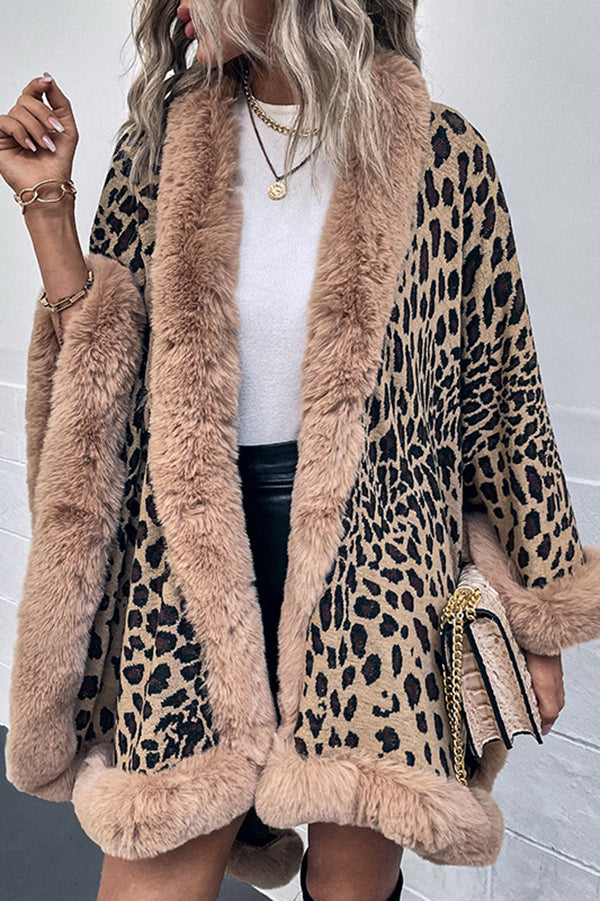 Leopard Print Fashionable Raw Edge Shawl Cape Cardigan