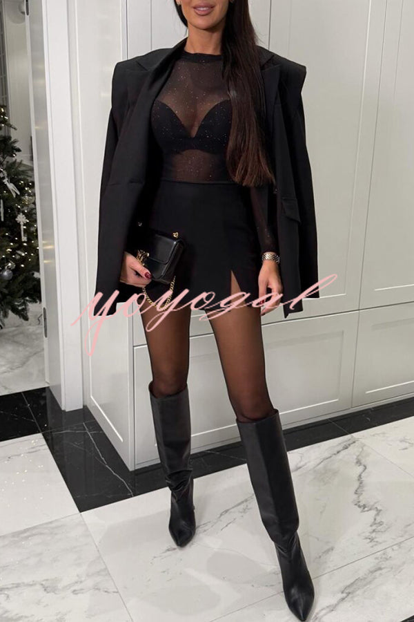 Feeling Flirty Mesh Glitter Fabric Long Sleeve Stretch Bodysuit