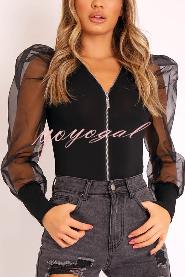 Solid Color Zip Front Sheer Puff Sleeves Bodysuit