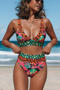 Aloha Honey Leopard Printed Colorblock Bikini