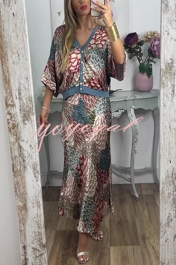 Harlen Satin Unique Printed Loose Shirt Top and Elastic Waist Maxi Skirt Set