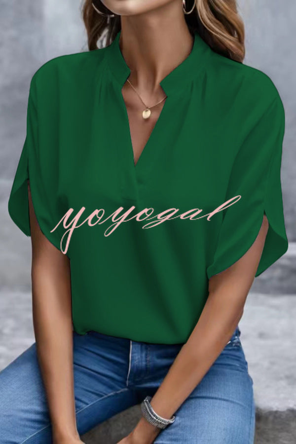 Solid Color V-neck Short-sleeved Casual Loose Shirt Top