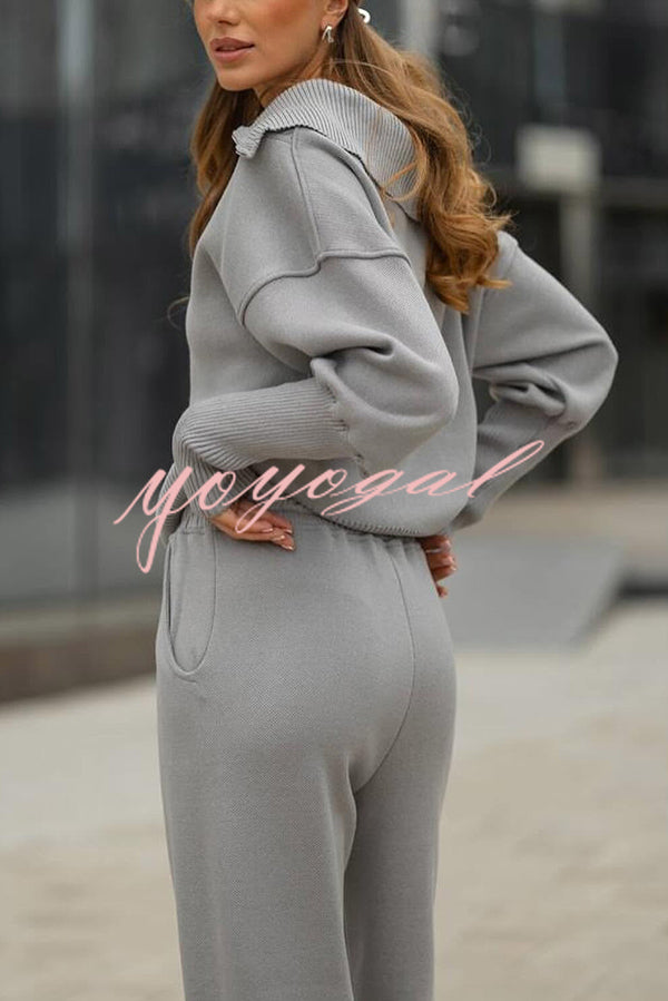 Solid Color Long-sleeved Zip-up Sweatshirt and Elastic Waist Loose Pocket Pants Set