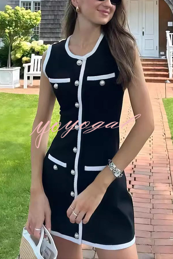 Elegant Sleeveless Round Neck Pearl Button Knitted Mini Dress