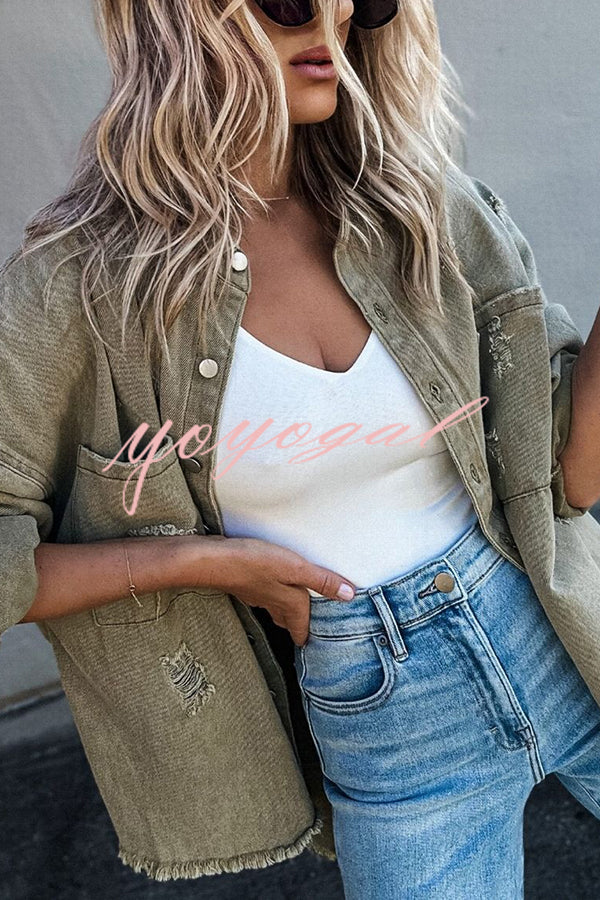 Stylish Lapel Long Sleeve Ripped Denim Jacket