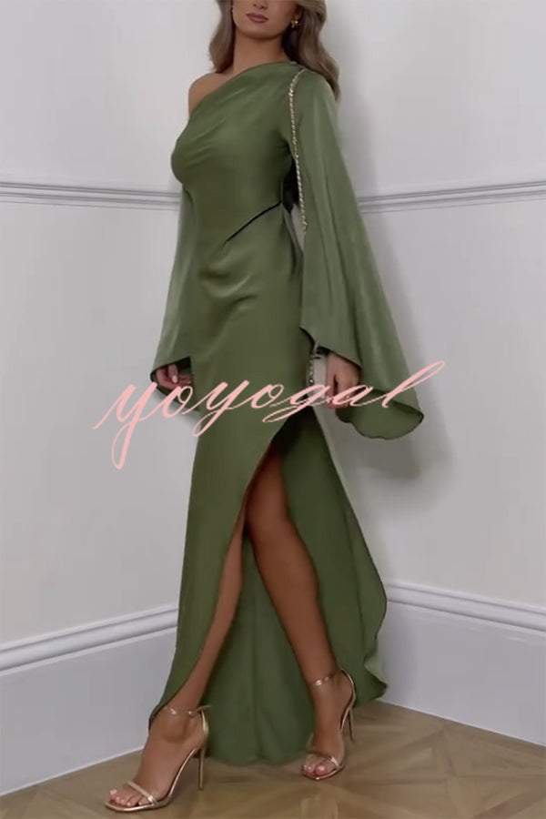 Zayla Satin Asymmetrical One Shoulder Bell Sleeve Slit Maxi Dress