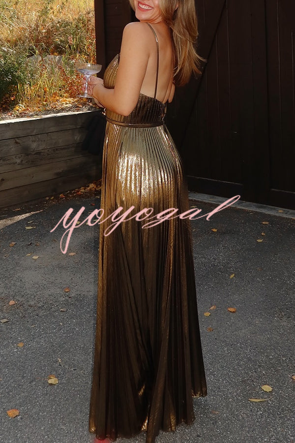 Disco Fashion Metallic Fabric Pleated Pocket Slip Wide Leg Jumpsuit