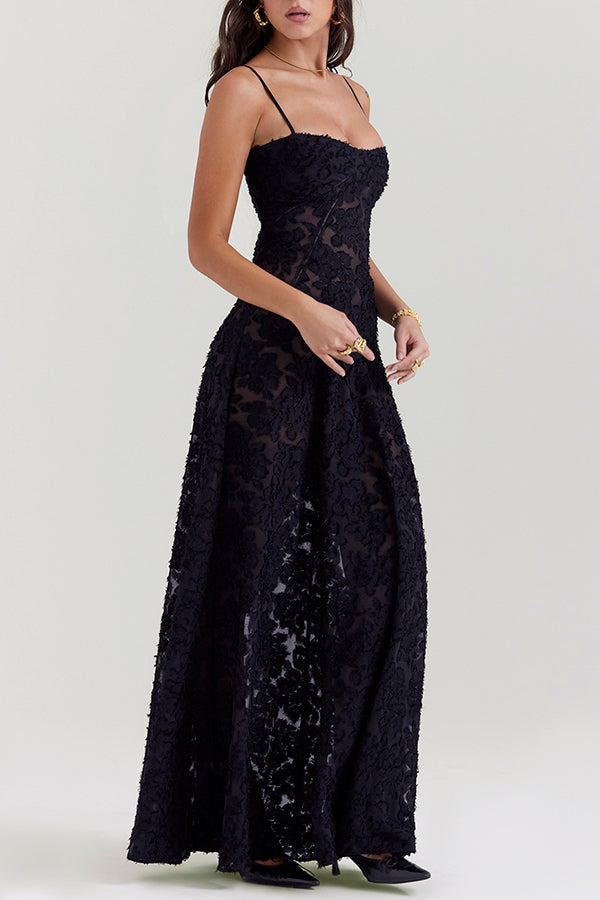 Romantic Vintage Feel Jacquard Fabric Back Lace-up Slip Floaty Maxi Dress