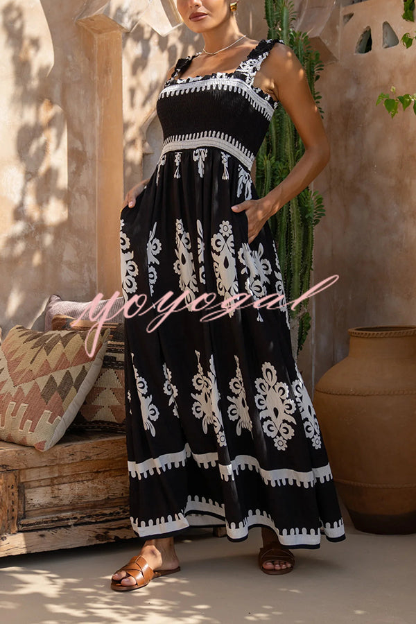 National Boho Style Unique Print Smocked Bust Wide Strap Pocket Maxi Dress