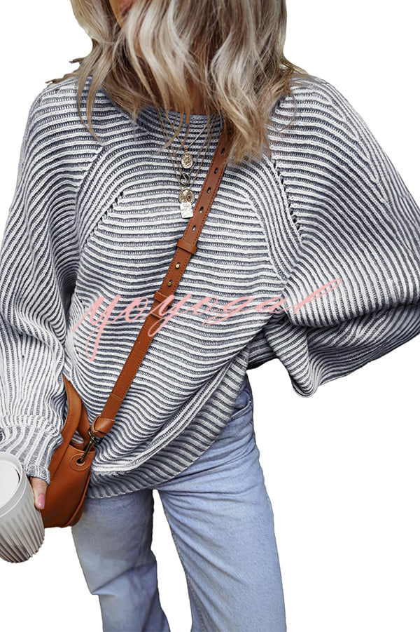 Knitted Striped Round Neck Dolman Sleeve Casual Loose Sweater