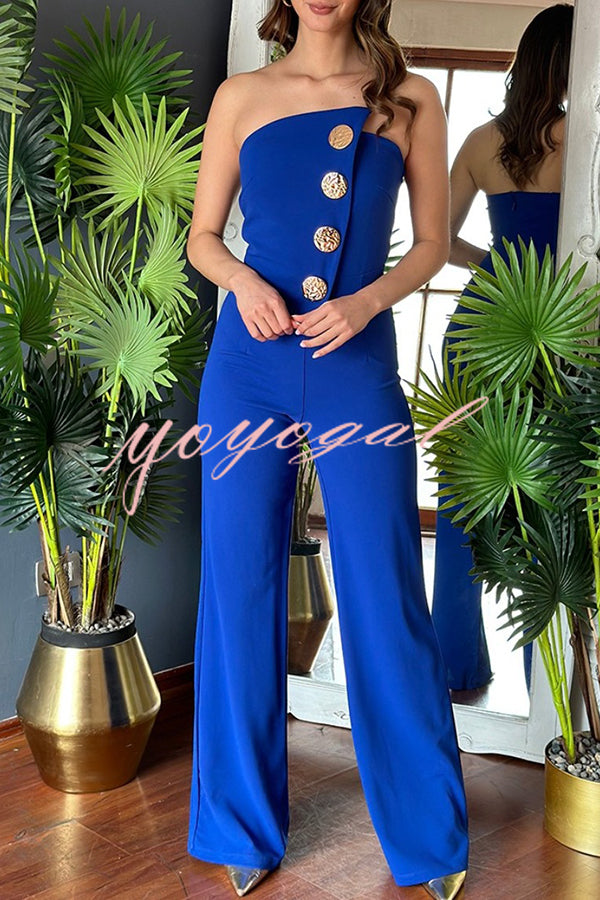 Solid Color Sexy Tube Top Gold Button Embellished Bootcut Jumpsuit