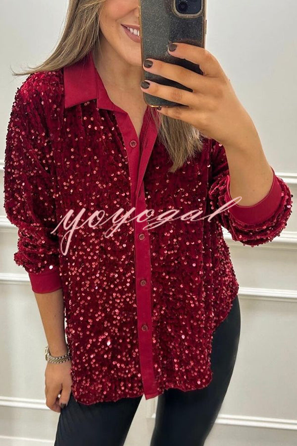 Fashion Velvet Sequined Loose Casual Long-sleeved Shirt