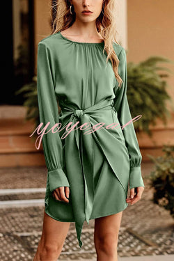 Satin Round Neck Long Sleeve Elastic Tie Mini Dress