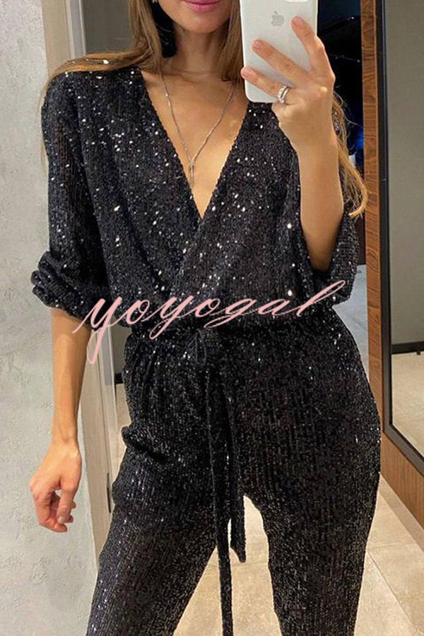 Cheers To You Sequin Long Sleeve Belted Wrap Loose Jumpsuit