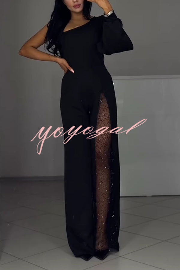 Fashionable Oblique Shoulder One-sleeve Sexy High Slit Slim Jumpsuit