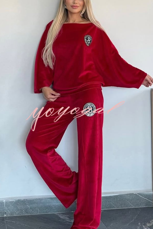 Solid Color Velvet Round Neck Bat Sleeve Casual Top and Elastic Waist Loose Pocket Pants Set