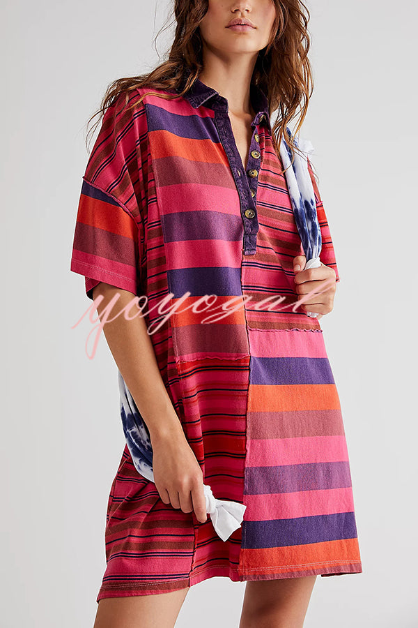 Contrast Striped Patchwork Denim Lapel Loose Casual Mini Dress