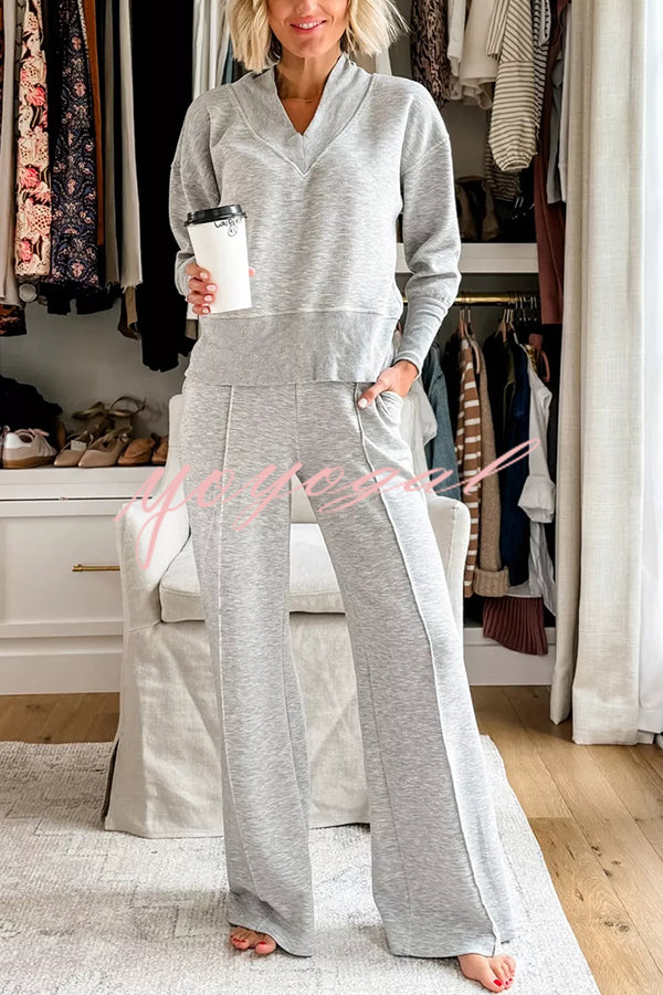 Weather Gets Cold Solid Color V-neck Top and Elastic Waist Pocketed Lounge Pants Set