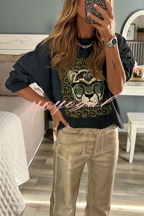 Unique Modern Feel Tiger and Leopard Print Casual Sweatshirt