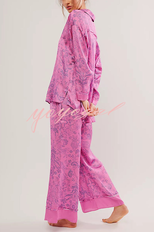 Unique Printed Lounge Long-sleeved Shirt and Elastic Waisted Baggy Pants Set