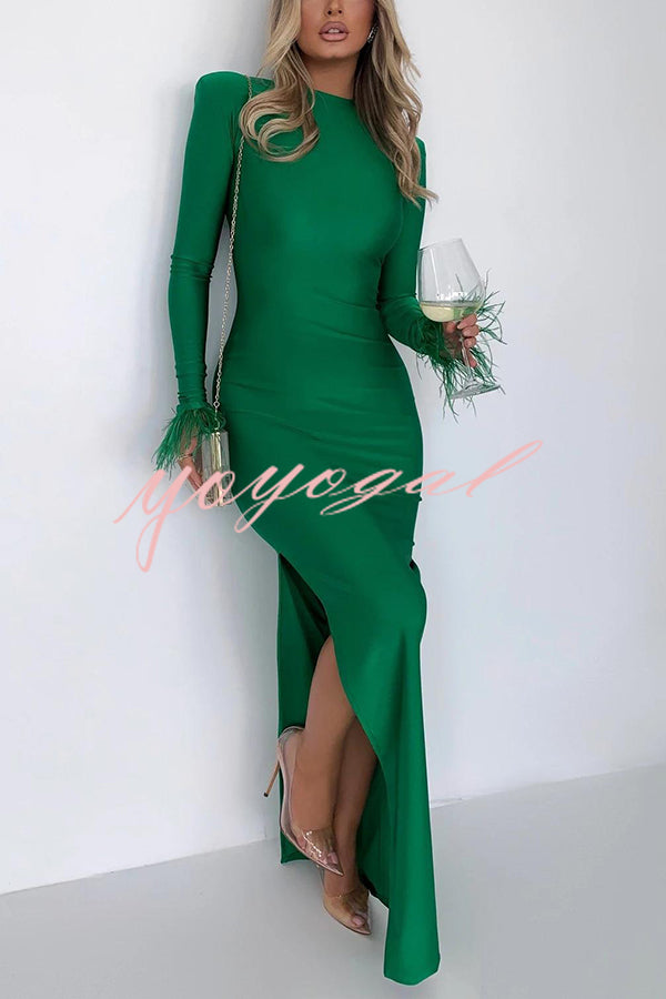 Solid Color Round Neck Ostrich Feather Long Sleeve Slim Maxi Dress