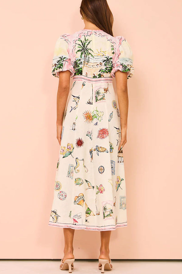 European Summer Sunset Linen Blend Unique Print Puff Sleeve Midi Dress