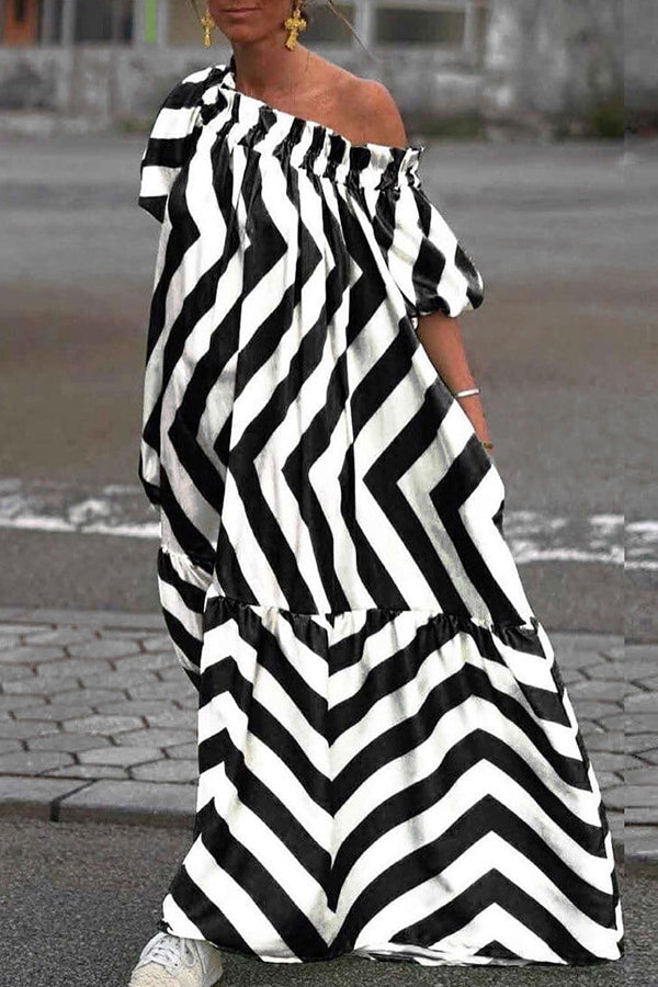 Exquisite Striped Patchwork Bell Sleeve Pocket Maxi Dress