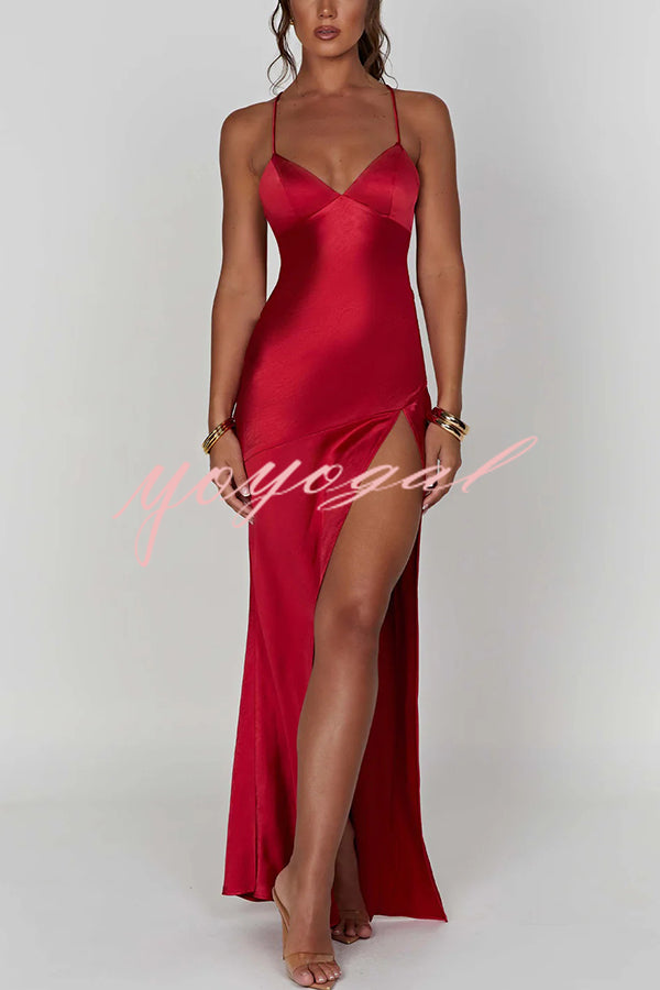 Satin Solid Color Sexy Backless Lace Up High Slit Maxi Dress