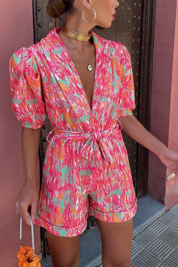 Joyful Smiles Printed Puff Sleeve Lapel Belted Romper