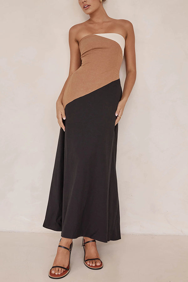 Calissa Asymmetrical Colour Block Strapless Pocketed A-line Maxi Dress