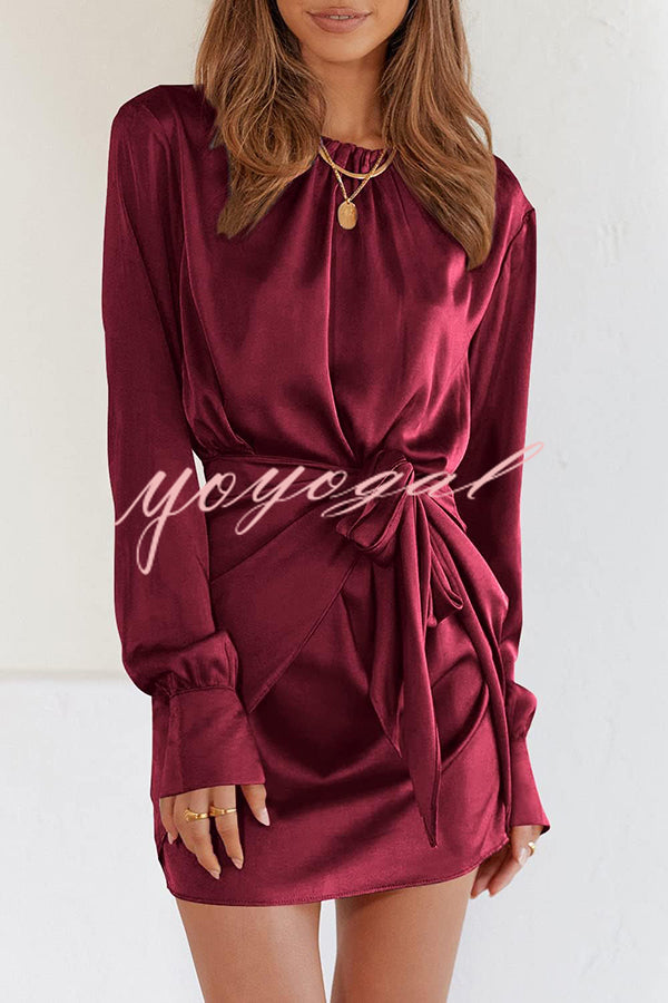 Satin Round Neck Long Sleeve Elastic Tie Mini Dress