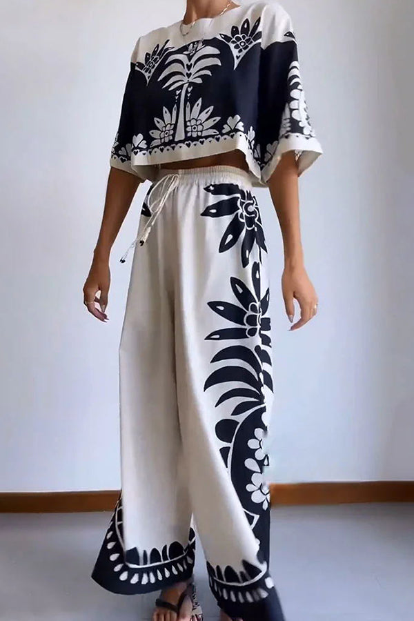 Exotic Holiday Ethnic Print Loose Top and Elastic Waist Wide Leg Pants Set