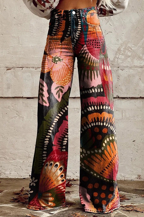 Beautiful Unique Print Button Pocket Wide Leg Pants