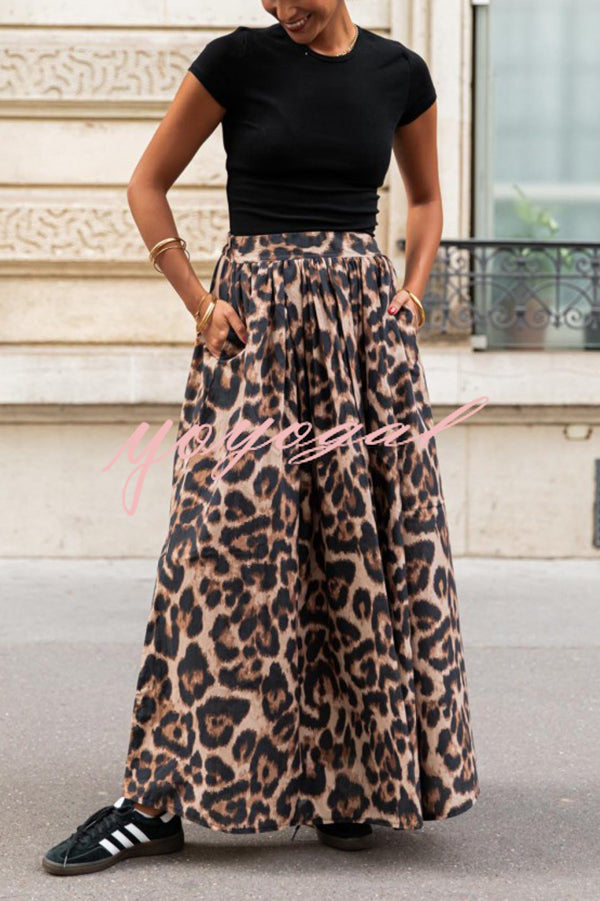 Leopard Print Pocket Pleated Hem Maxi Skirt