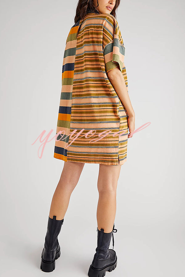 Contrast Striped Patchwork Denim Lapel Loose Casual Mini Dress