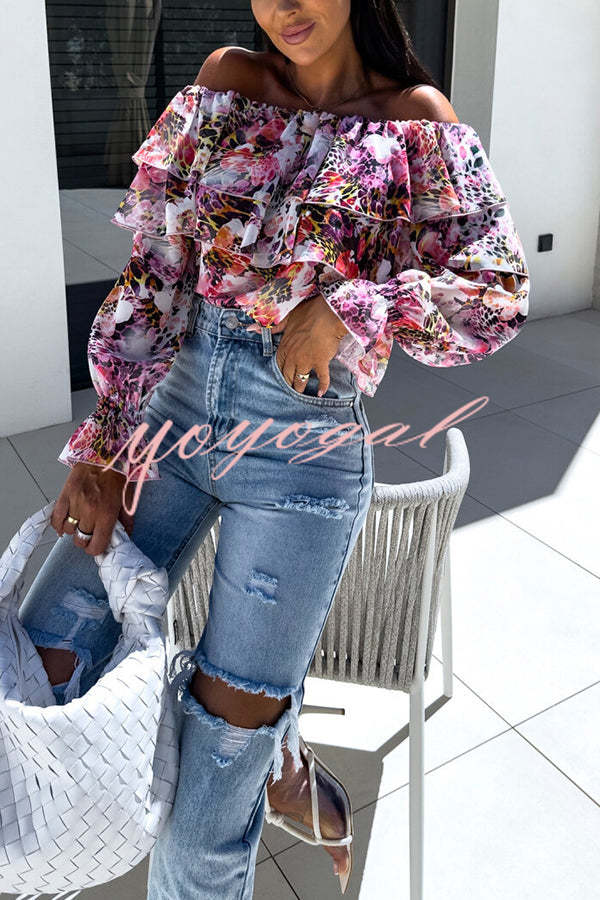 Colorful Botanical Print Sexy Off-shoulder Ruffle Top