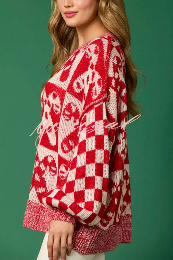 Christmas Candy Plaid Round Neck Long Sleeve Loose Knit Sweater