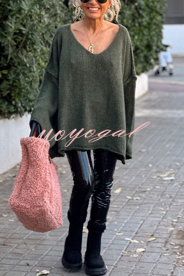 Fashionable Patchwork V-neck Long-sleeved Knitted Sweater