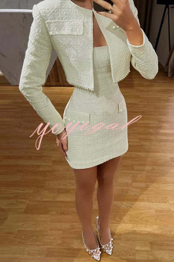 Stylish Sleeveless Tweed Sexy Slim Fit Pearl Embellished Mini Dress