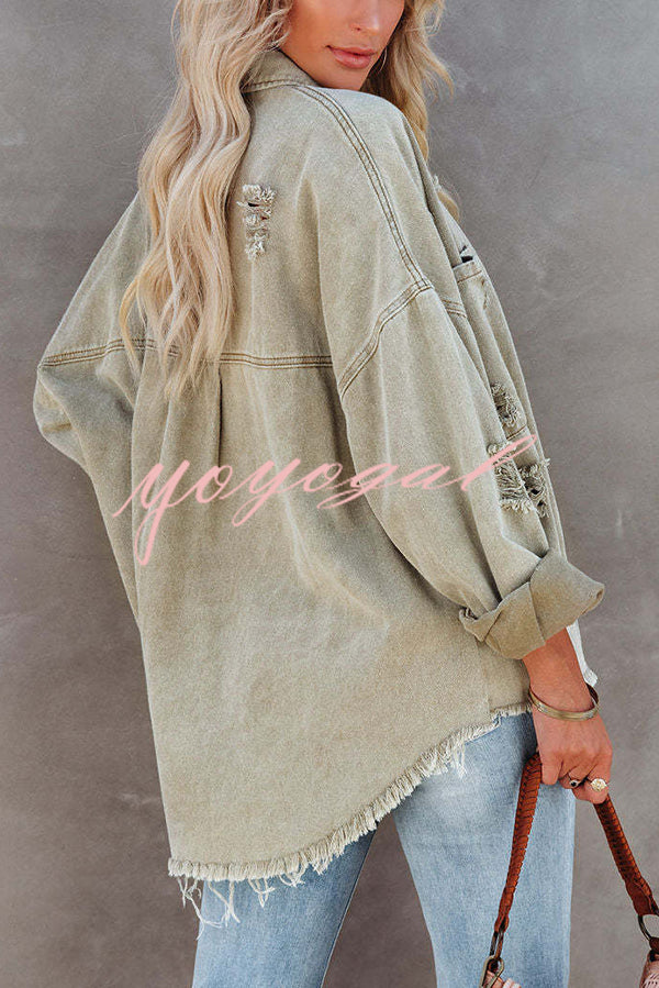 Stylish Lapel Long Sleeve Ripped Denim Jacket