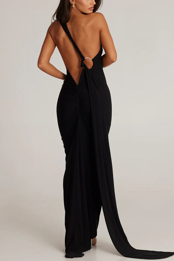 Sexy Backless Pleated Slim Solid Color Sleeveless Elegant Maxi Dress