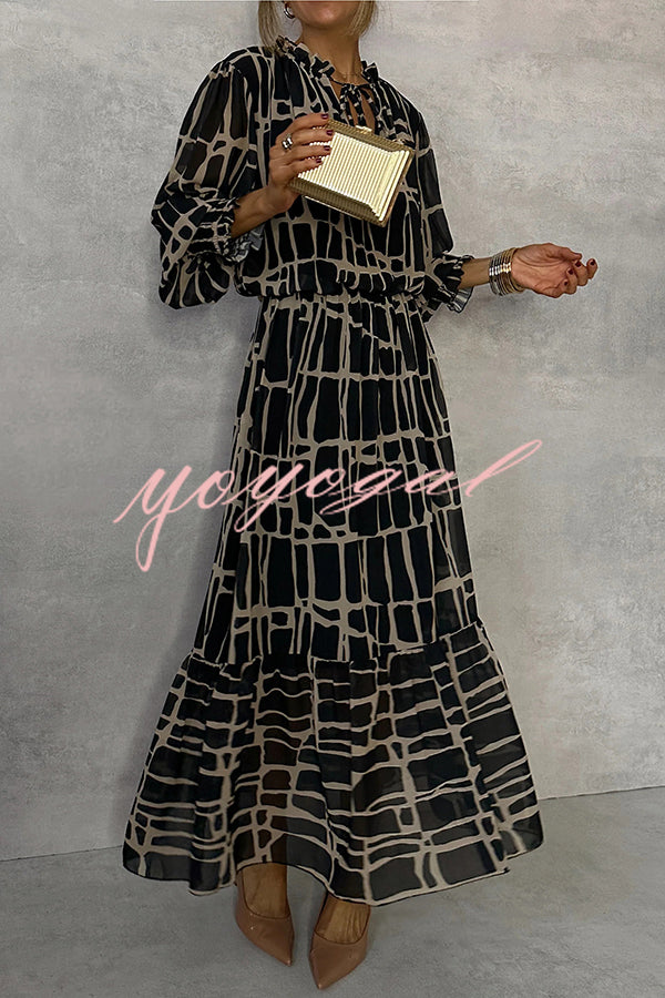 Unique Printed V-neck Tie-up Waist Long-sleeve Maxi Dress