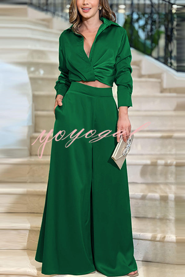 Satin Solid Color Lapel Long Sleeve Blouse and Loose-fitting Pocket Wide Leg Pants Set