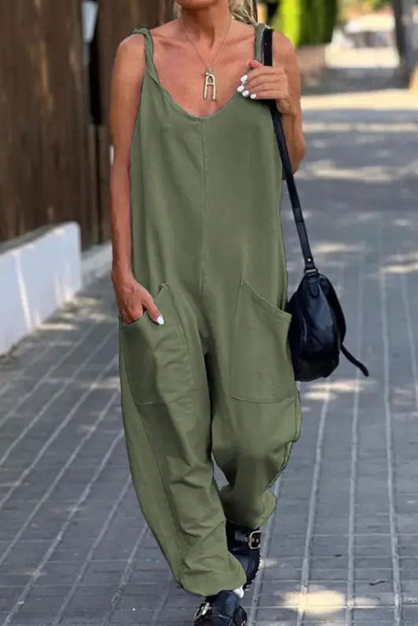 Relaxing Bay Solid Color Pocketed Casual Beach Jumpsuit